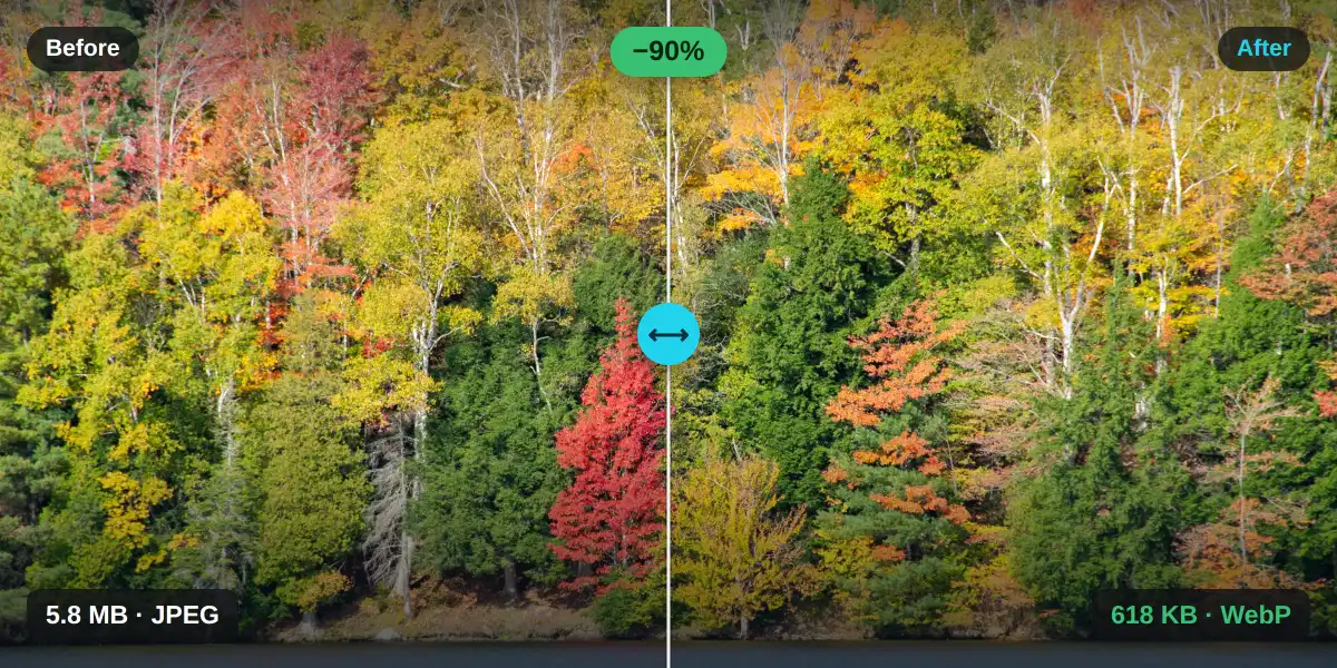 Before and after bulk image compression showing a smaller file size at the same quality